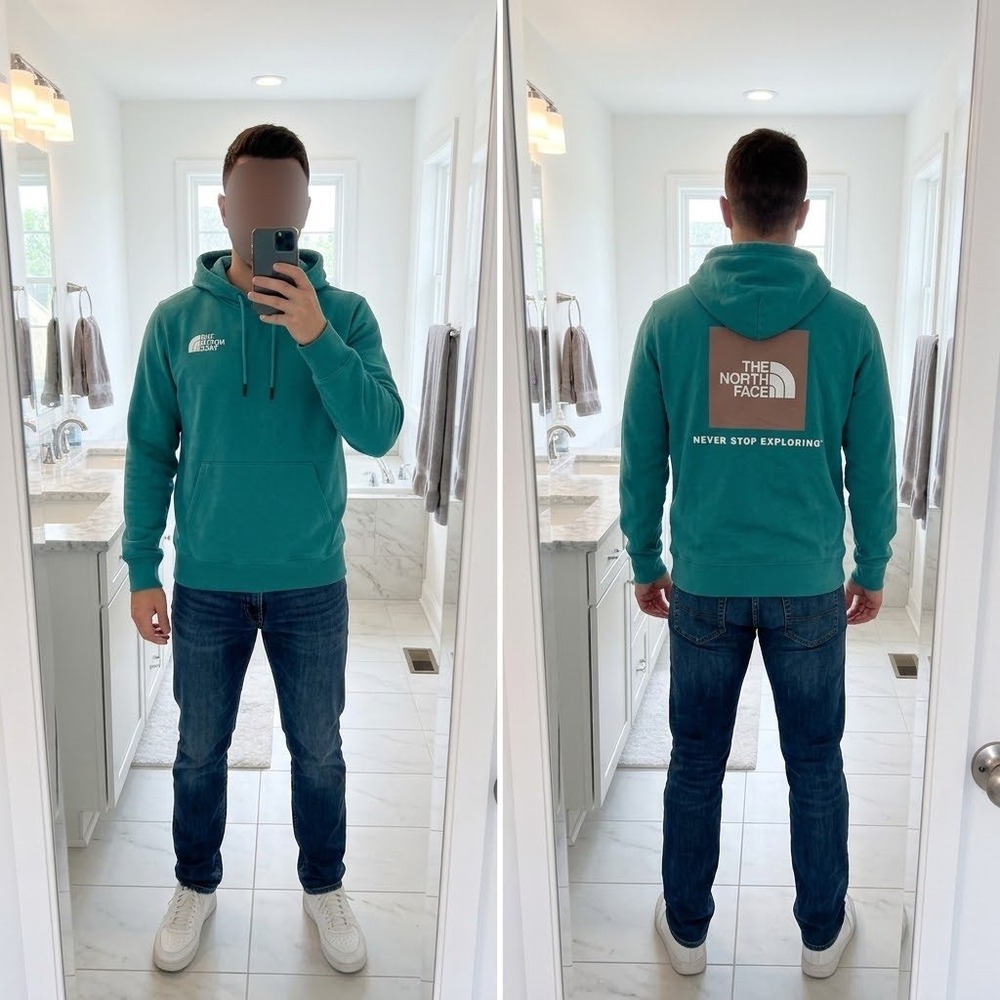 The North Face Mens Medium Box NSE Hoodie Pacific Teal Green Graphic Pullover